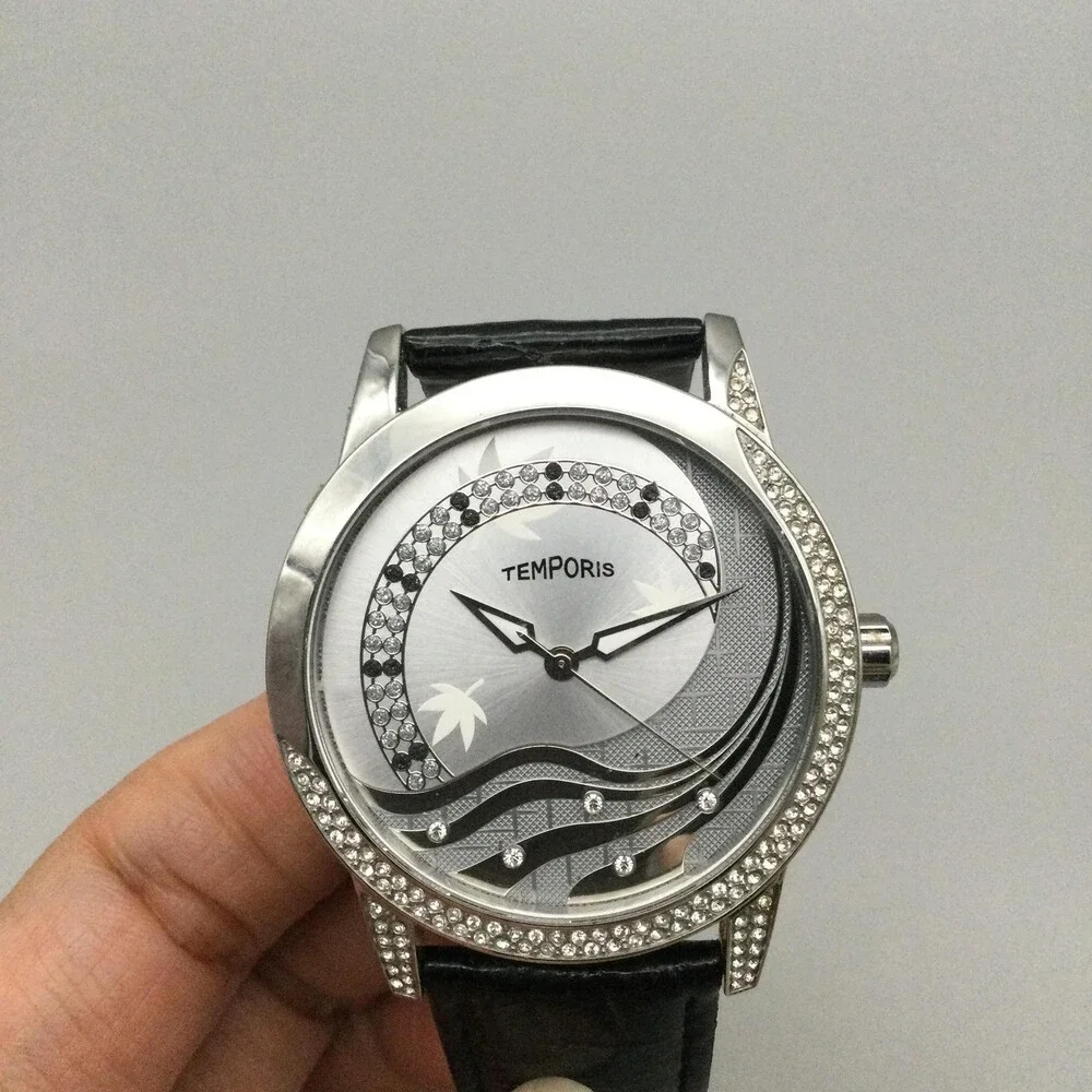 Temporis Waterfall Womens Watch 42mm Crystal Bezel Black Leather New Battery
